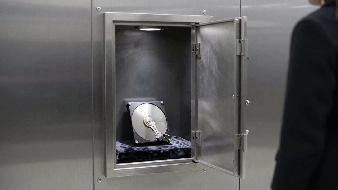 A single encrypted hard drive rests in a Zurich safety deposit box, illuminated by a cold beam of light, with a faint silhouette visible outside.