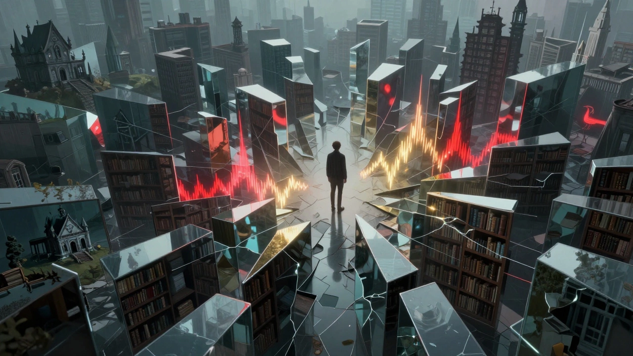 A solitary figure in a mirror maze reflects various emotional scenes — haunted manor, post-apocalyptic city, silent library — lit by pulsing biometric light.